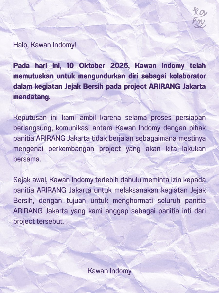 kawanIndomy's tweet photo. Hai Kawan Indomy!

Kami informasikan update terkait keterlibatan kami pada project ARIRANG Jakarta. Pada hari ini, Kawan Indomy telah memutuskan mengundurkan diri sebagai kolaborator pada project ARIRANG Jakarta.

Terima kasih banyak atas supportnya, Kawan kawan!💜 https://t.co/3Hxma8eETd
