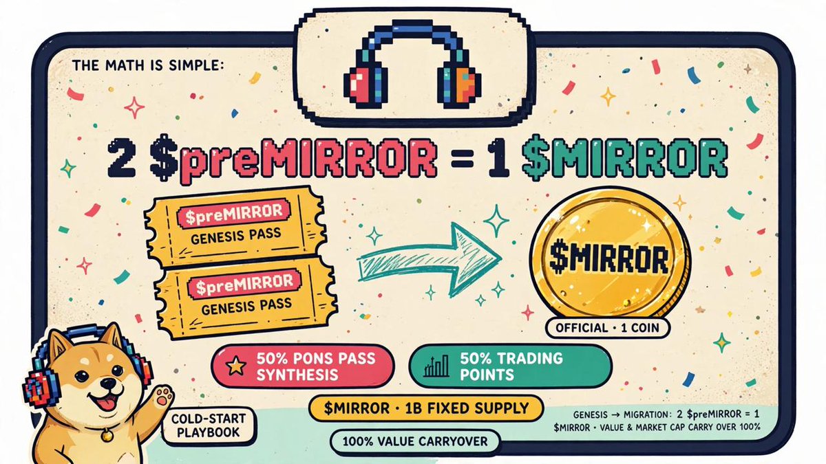 Mirrortop_'s tweet photo. The math is simple:

$preMIRROR is the Mirror platform's genesis pass.

When migration opens: 2 $preMIRROR = 1 $MIRROR.

Every 2 genesis passes synthesize into 1 official $MIRROR — value and market cap carry over 100%.

$MIRROR: 1B fixed supply.
50% → PONS pass synthesis
50% → platform trading points redemption

This is the cold-start playbook.