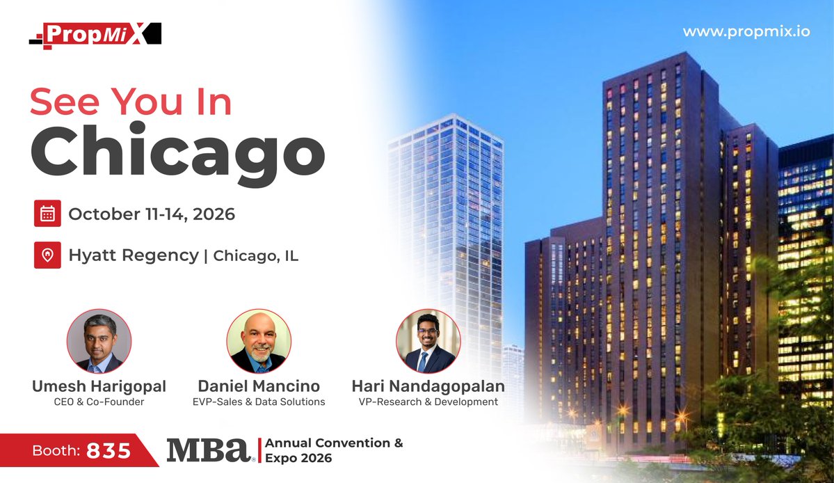 PropMixRE's tweet photo. See you in Chicago! 👋 Meet PropMix at #MBAAnnual26 to explore AI-powered appraisal quality control, alternate valuations, and client &amp; agent engagement.

📅 Oct 11–14, 2026
📍 Hyatt Regency, Chicago
🤝 Booth 835
Let’s connect! #PropMix https://t.co/ulREqgbT5V