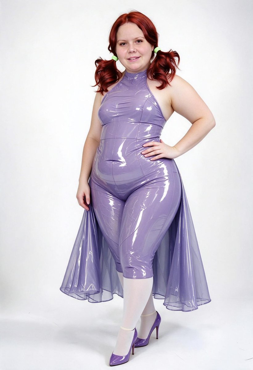Lizzy1262629's tweet photo. Me against the white. Lavender PVC jumpsuit with a sheer overskirt, white stockings, purple heels, red pigtails, hand on my hip.

#LavenderPVC #SheerOverskirt #WhiteStockings #PurpleHeels #RedPigtails #FetishFashion #NSFW #HandOnHip #StudioWhite https://t.co/6d2S11s960