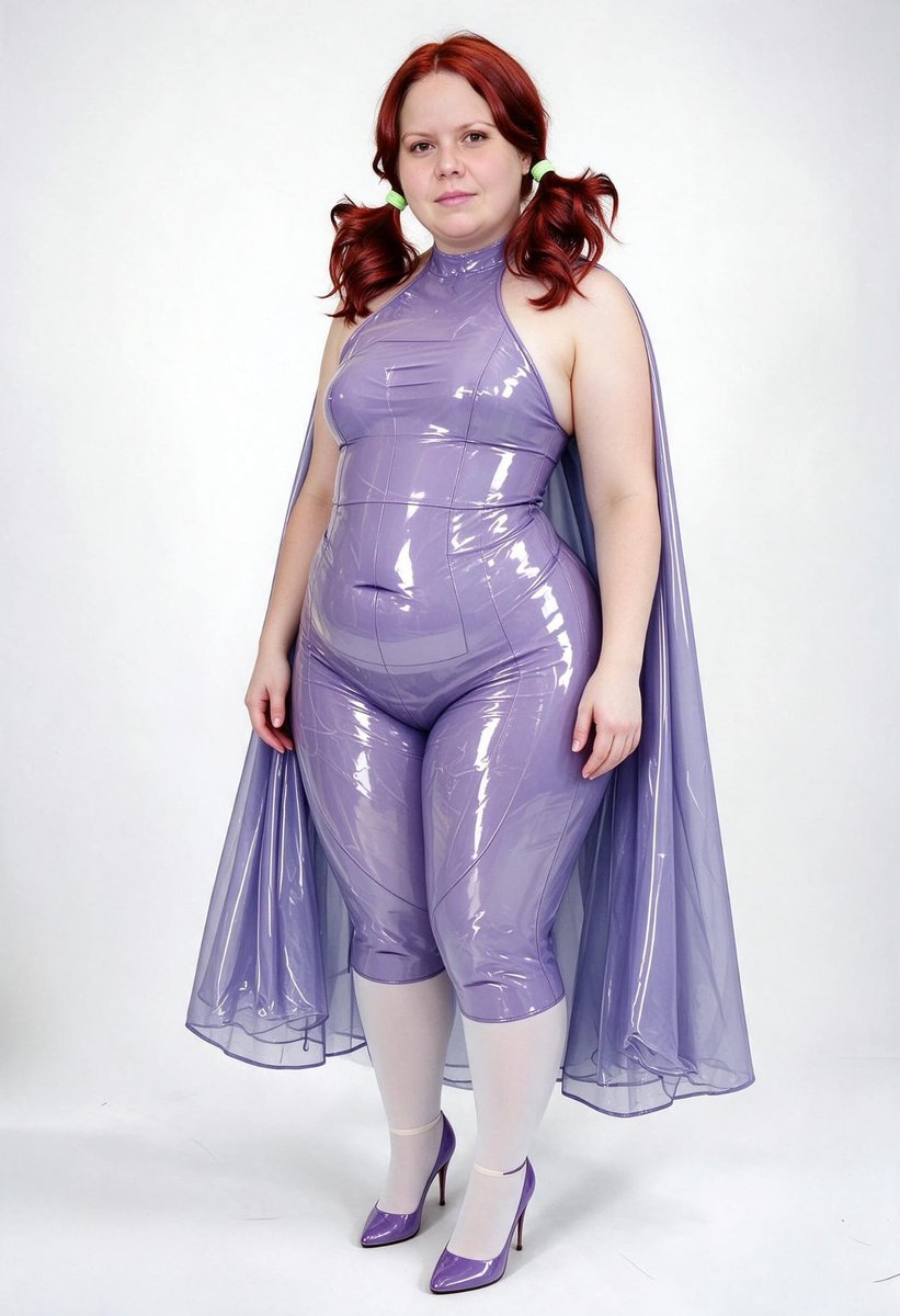 Lizzy1262629's tweet photo. Me against the white. Lavender PVC jumpsuit with a sheer overskirt, white stockings, purple heels, red pigtails, hand on my hip.

#LavenderPVC #SheerOverskirt #WhiteStockings #PurpleHeels #RedPigtails #FetishFashion #NSFW #HandOnHip #StudioWhite https://t.co/6d2S11s960