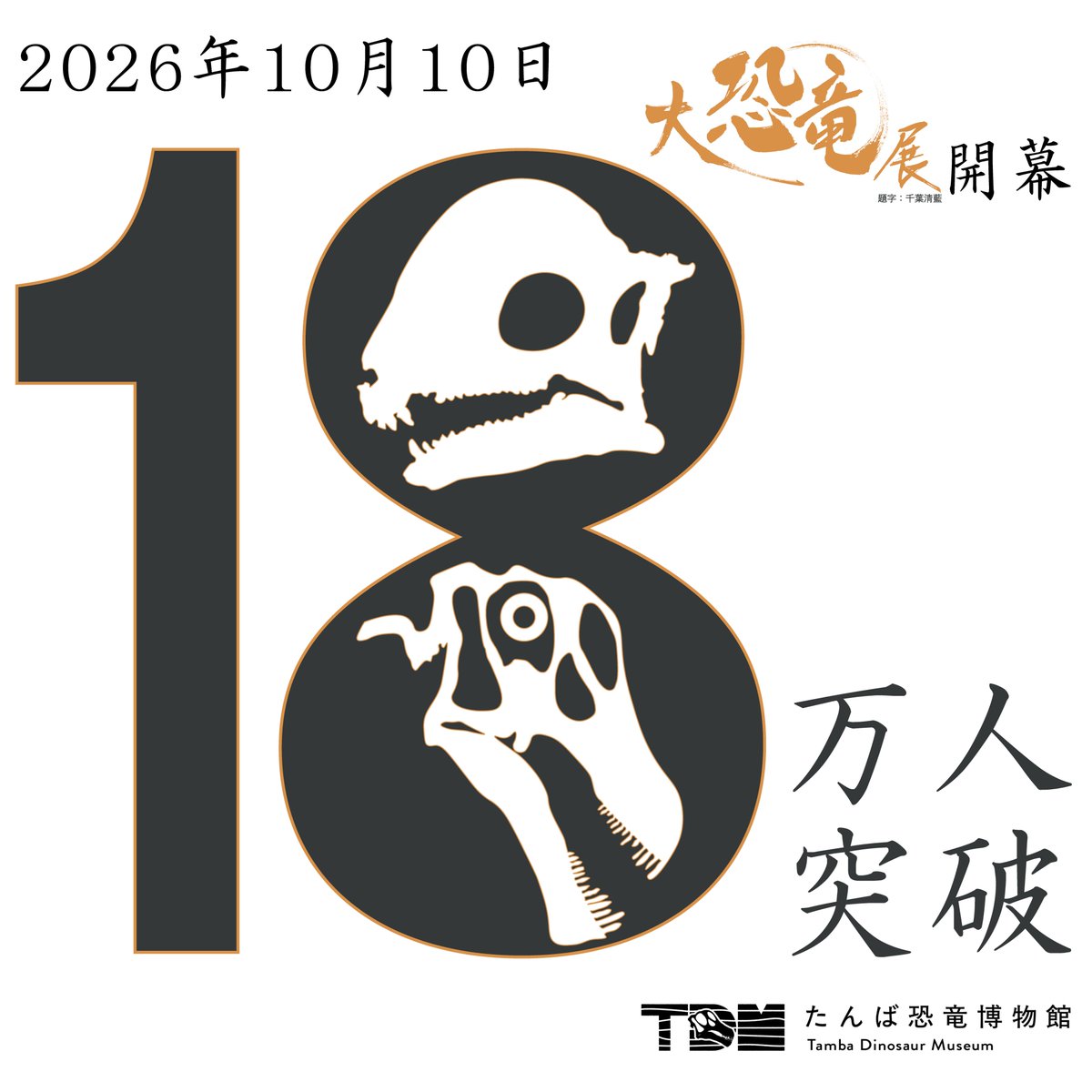 Tambaryu0807's tweet photo. ㊗️大恐竜展の開幕 &amp; 18万人突破㊗️

本日、2026年10月10日 (土) に、
特別展『#大恐竜展』 が開幕しました！

そして、リニューアルオープン2年目の
来館者数が5万人を突破し、
#たんば恐竜博物館 の累計来館者数が、
18万人を突破しました🦕

ザヴァケファレに会いに、
ぜひお越しください🦖 https://t.co/z8fMwhUfV0