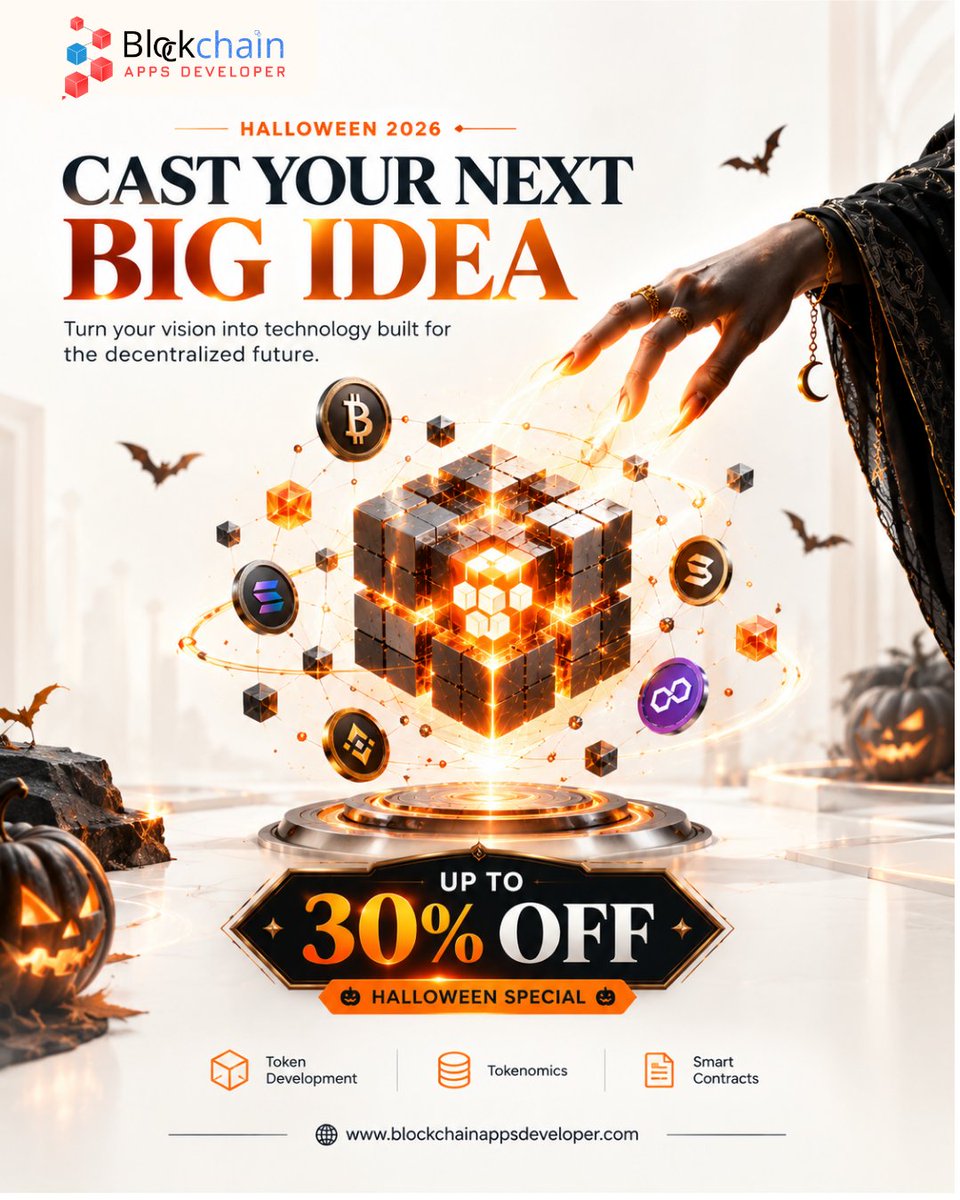 blockch_apps's tweet photo. Cast your next BIG blockchain idea! 

Celebrate Halloween 2026 with #BlockchainAppsDeveloper and get up to 30% OFF. 🔥

🌐 https://t.co/VivcINhF2l

#Blockchain #Halloween2026 #Web3 #BlockchainInnovation https://t.co/vI9e2mla30