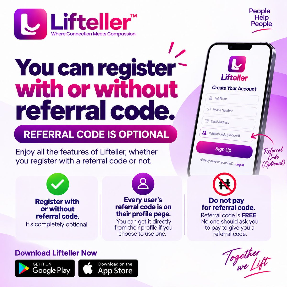 lifteller0's tweet photo. Hi Lifters, 

You can register with or without referral code (always optional). 

Your referral code is on your profile page. 

Do not pay anyone for referral code.
Referral code is free!

Thank you and enjoy a lifted weekend. 

#lifted #werisebyliftingothers #getlifted https://t.co/u0Q2GfoIJ9
