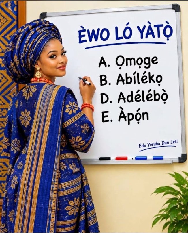 YorubaDunLeti's tweet photo. Ọ̀rọ̀ wo ni lẹ́tà rẹ̀ yàtọ̀ láàrín A, B, D, àti E inú àwòrán yìí?
#EdeYorubaDunLeti #yorubalanguage #ereopolo #yorubaclass #yoruba #braingames https://t.co/Z7S0Kde0mi