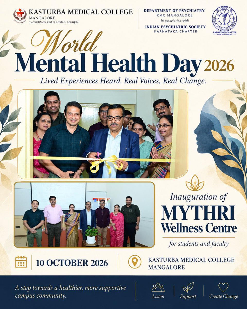 KMC_Mangalore's tweet photo. #KMCMangalore observed #WorldMentalHealthDay2026 on the theme “Lived Experiences Heard. Real Voices, Real Change.”
The occasion also marked the inauguration of #MYTHRI – Wellness Centre for Students & Faculty, strengthening our commitment to a supportive campus community. 🌿 https://t.co/meednEbUo6