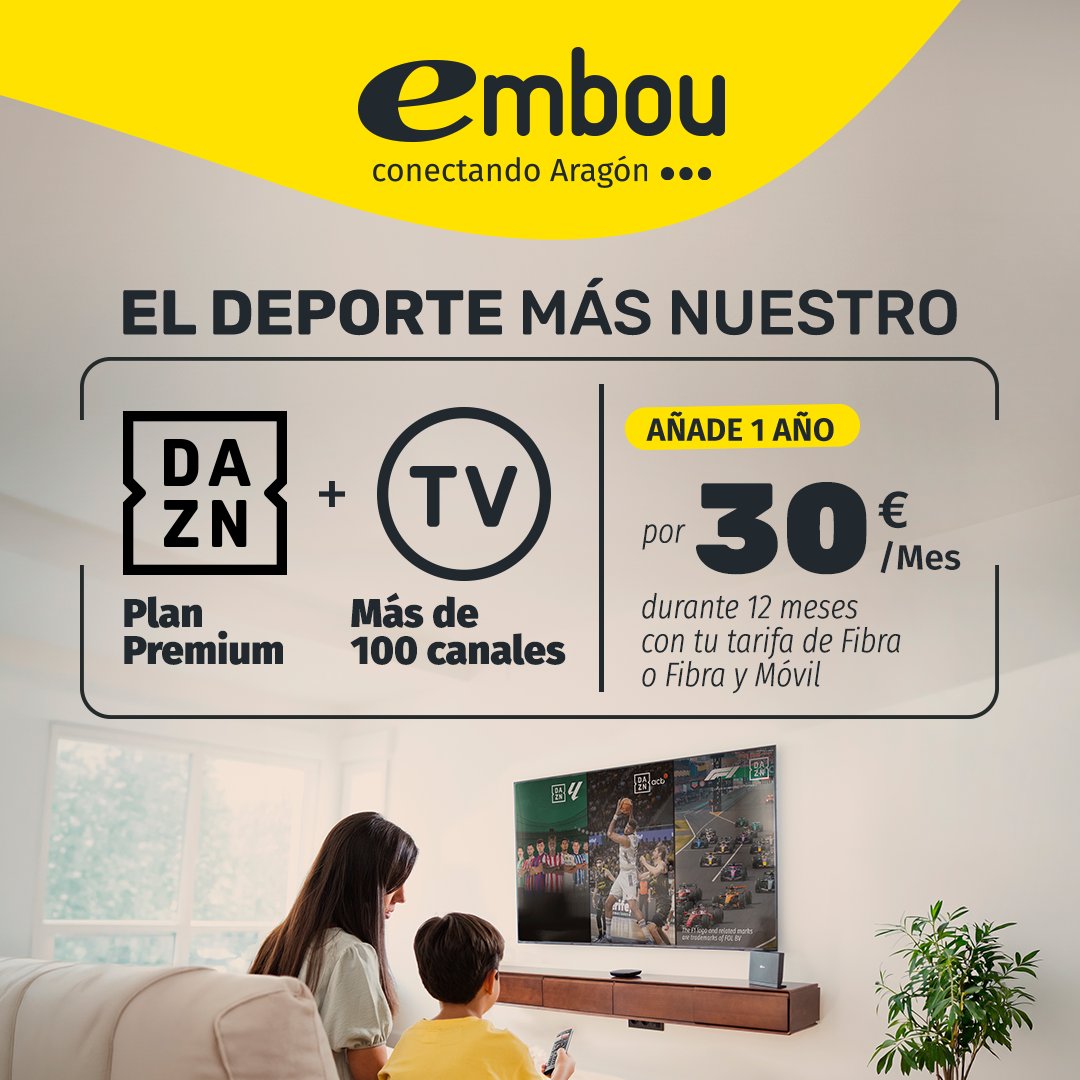 embou_com's tweet photo. ¿Plan para los próximos meses? Lo tenemos. 👀

LaLiga, ACB, F1, MotoGP… ⚽🏀🏎️ Y mucho más con DAZN + más de 100 canales de TV.

Todo por 30 €/mes durante 12 meses con tu tarifa de fibra o fibra y móvil de Embou.

Tú pon el sofá. Nosotros ponemos el espectáculo. 📺 https://t.co/qx5DNRXyil