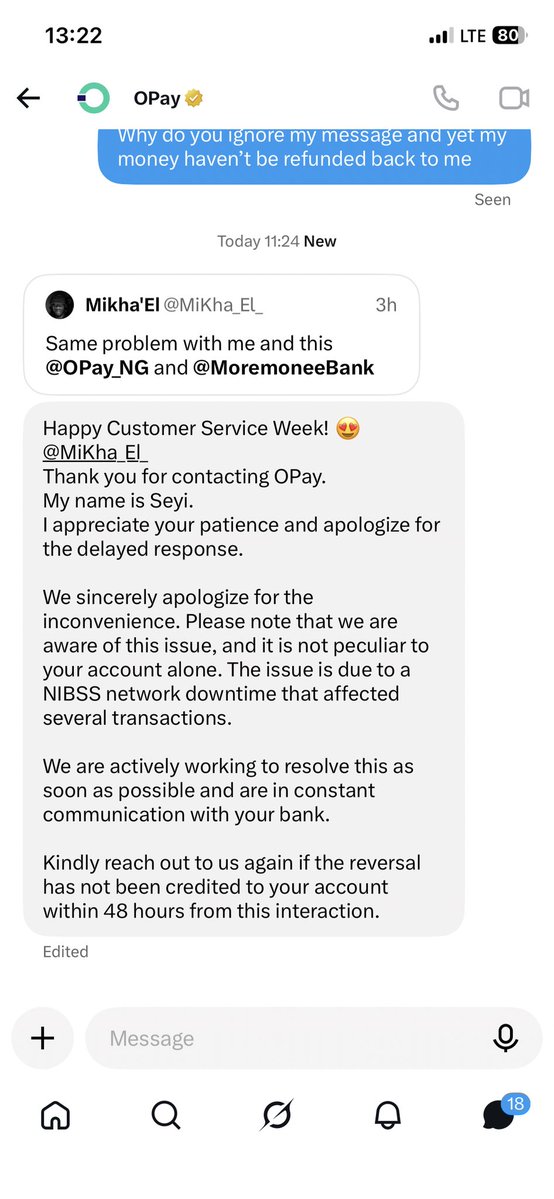 MiKha_El_'s tweet photo. After waiting for the 48-hour window given by @OPay_NG and @MoremoneeBank, I am yet to receive my money.  @officialEFCC, @fccpcnigeria, @icpcnigeria, @cenbank, I need you to look into this failed transaction. Neither bank has acknowledged the issue or stated who will refund me. https://t.co/56wxvf31Zz