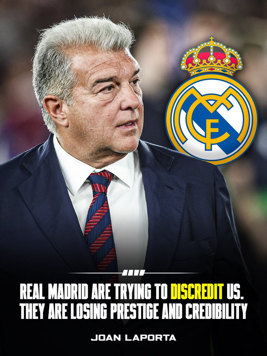 FabrizioRomano's tweet photo. 🚨 Barcelona president Laporta: “Real Madrid have accused us in a crushing and constant way, trying to discredit and damage the image of Barça”.

“But they will have to rectify, no matter how much they extend the summary to keep the flame alive. They try to discredit Barça, but I don't think they do it in an innocent way, but they want to harm football”.