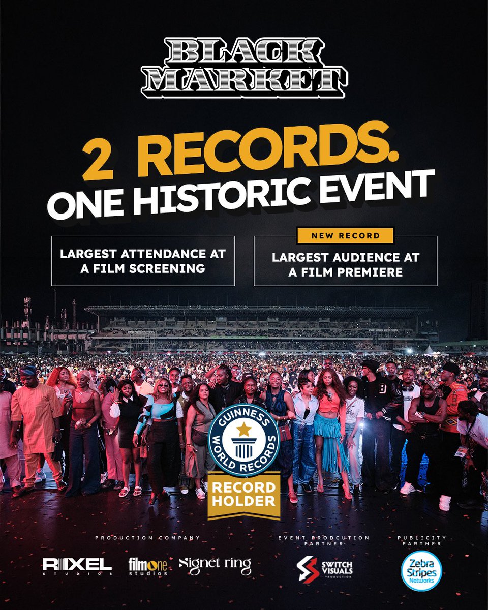 NoraAwolowo's tweet photo. Two weeks ago, 51,258 people came together in Lagos to watch Black Market. 

Today, Guinness World Records has confirmed a second record for the Largest Audience at a Film Premiere, alongside our first. 

WE DID IT TWICE! 

Grateful to everyone who bought a ticket, shared a post,volunteered,supported us,watched the film or simply cheered us on, this win belongs to you, too. 🥺🏆🏆🤍🤍📌📌