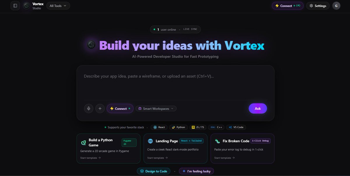 VortexAI_ui's tweet photo. Stop switching between 10 tabs to code and prompt AI 😤

Built Vortex AI—a native desktop studio with a talking canvas, inspector, voice chat, and multi-stack support (Python, React, C++).

Free on Microsoft Store 🚀

(Link in replies 👇)

#buildinpublic #indiedev #AI #webdev https://t.co/wBfHtK3Jxe