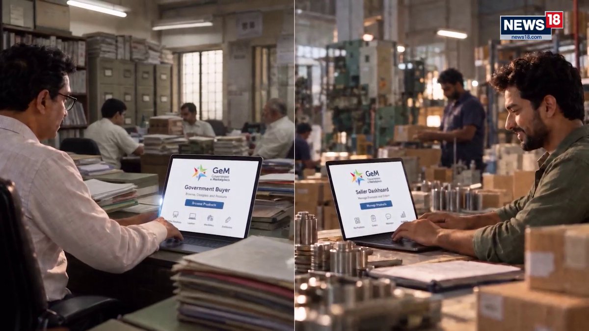A split image shows two men using laptops displaying the GeM (Government e-Marketplace) portal—one labeled "Government Buyer" on the left in an office setting, and the other "Seller Dashboard" on the right in a warehouse/workshop with machinery. The image contrasts domestic procurement activity with the backdrop of Elon Musk's Starlink dispute, illustrating India's self-reliant digital commerce ecosystem amid the foreign satellite internet controversy.