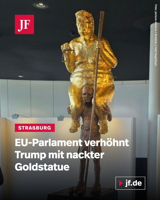 Lindiman89's tweet photo. @srfnews Kein normal denkender Mensch will so eine „Demokratie“. Man hat weder Argumente noch Niveau – Alle faseln von „Respekt“ und „Dialog“, während man mit einer vergoldeten Trump-Statue reinen Spott der Blase betreibt. Haltung? Peinliche Selbstentlarvung ist das... FCK EU... #NoSerafe https://t.co/Fa1f2l6geD