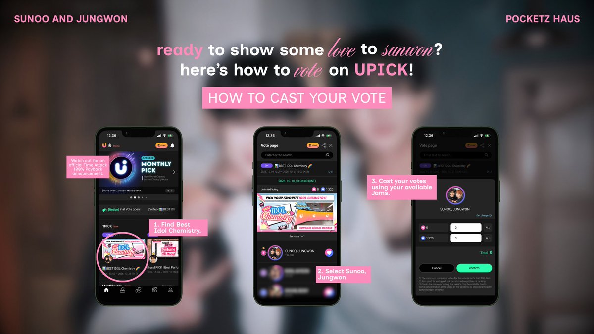 pcketzhaven's tweet photo. 📢 𝗨𝗣𝗜𝗖𝗞 𝗩𝗢𝗧𝗜𝗡𝗚 𝗚𝗨𝗜𝗗𝗘

Ready to go all in for SUNOO and JUNGWON? Here's a step-by-step guide on how to collect jams and cast your votes correctly! ☘️
 
🎯 Goal: Rank 1
🗓️ Deadline: October 21 | 3:00 PM KST

Save your Jams, plan strategically, and vote wisely!

#포켓즈 #SUNOO #JUNGWON #선우 #정원 #ENHYPEN