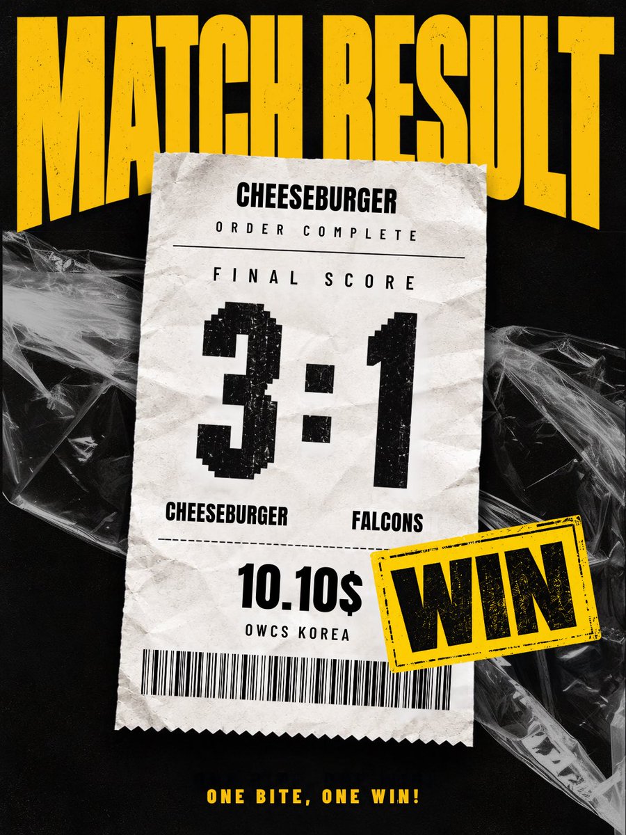 owCHEESEBURGER's tweet photo. 🍔 MATCH RESULT 🍔

2026 OWCS KOREA S3

🆚 TEAM FALCONS
✅ 3 : 1

중요한 승부에서 CHEESEBURGER가 승리를 가져왔습니다! 🍔

치열한 순간마다 집중력을 발휘하며 값진 결과를 만들어냈습니다.

오늘도 경기장을 함께 채워주신 팬 여러분께 감사드립니다.
이 승리에 안주하지 않고, 다음 경기에서도 더 좋은 모습 보여드리겠습니다!

#CBWIN #ONEBITEONEWIN #OWCS #CHEESEBURGER #OVERWATCH
