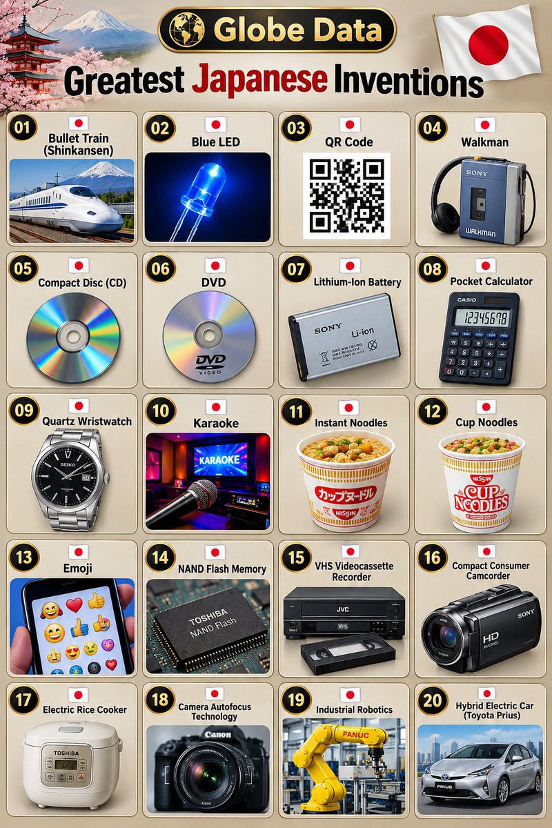 data_globe's tweet photo. 🇯🇵 Greatest Japanese Inventions — Top 20

🇯🇵 Bullet Train (Shinkansen)
🇯🇵 Blue LED
🇯🇵 QR Code
🇯🇵 Walkman
🇯🇵 Compact Disc (CD)
🇯🇵 DVD
🇯🇵 Lithium-Ion Battery
🇯🇵 Pocket Calculator
🇯🇵 Quartz Wristwatch
🇯🇵 Karaoke
🇯🇵 Instant Noodles
🇯🇵 Cup Noodles
🇯🇵 Emoji
🇯🇵 NAND Flash Memory
🇯🇵 VHS Videocassette Recorder
🇯🇵 Compact Consumer Camcorder
🇯🇵 Electric Rice Cooker
🇯🇵 Camera Autofocus Technology
🇯🇵 Industrial Robotics
🇯🇵 Hybrid Electric Car (Toyota Prius)