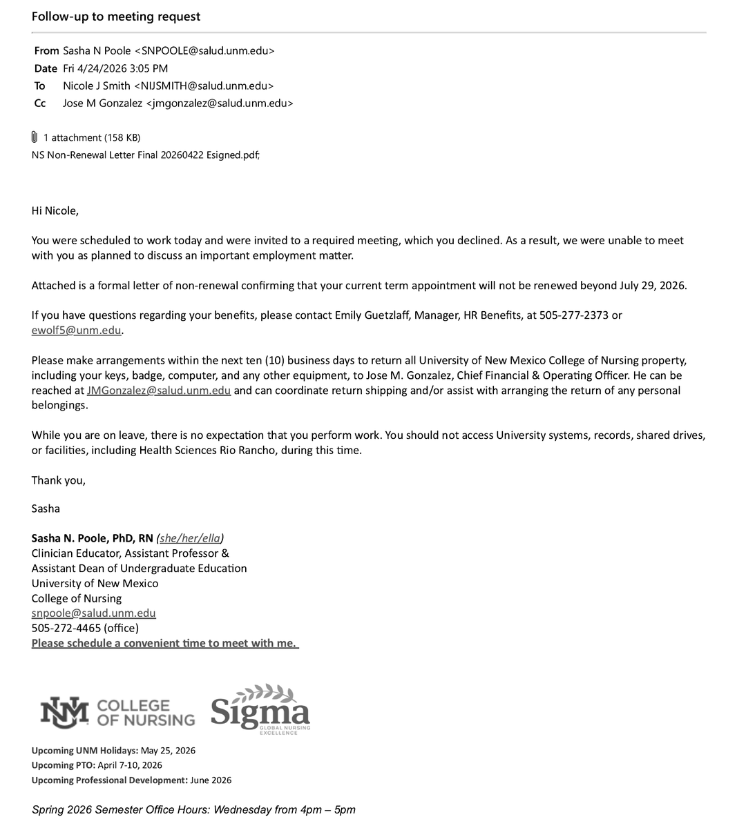 GovernToChange's tweet photo. 🚨BREAKING🚨
BELOW is communication that @UNM @UNMHSC @UNM_CON Dr. Sasha Poole carried out a SANCTIONED ATTACK against my Pregnant Wife, Nicole "Nikki" Smith, @LeadNMtoVictory & OUR Unborn Child.
FORMER UNM CON HR Director Delana Mannion even sent a smiley-face emoji when bringing up that Attack a month before it occurred! 👇
Dr. Sasha Poole (the attacker) states this Attack was SANCTIONED by UNM Counsel, UNM HR, & UNM HSC Leadership! 👇
The Attack was carried out on 04.24.26, 5 days before my daughter Ziana was scheduled to be delivered by C-section due to complications & they DEMANDED that my wife see her Attackers & Return her UNM Badge, Keys, etc. within 9 Days of Giving Birth, with ZERO ALTERNATIVES GIVEN! 👇
UNM CAUSED HARM & SEE ALL THE NAMES & UNM ORGANIZATIONS WHO KNEW!!! 👀👇
This Attack occurred at the Nursing Institution of the #7 Nurse-Midwifery Program in the United States & Dr. Poole lists her Acute Care Expertise as Postpartum & Newborn Nursing, so there is ZERO EXCUSE for what happened!
🙏PLEASE SHARE🙏
NM Deserves Better!
🙏❤️🇺🇸❤️🙏
🚨THE PICTURE ALT TEXT IS A GREAT PLACE FOR FOLLOW-UP INFORMATION!🚨