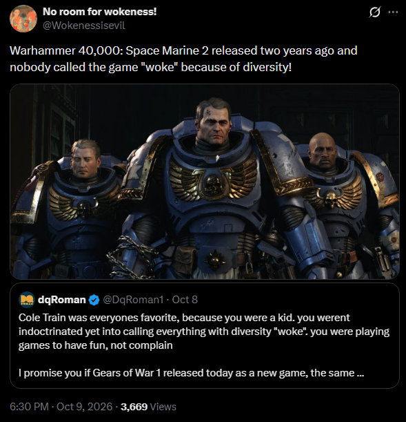 ShaunDucky's tweet photo. Yes people did call Warhammer 40,000: Space Marine 2 woke because of DEI @Wokenessisevil 

That is the dumbass audience you grifters have created. https://t.co/4kz4dCKAnx