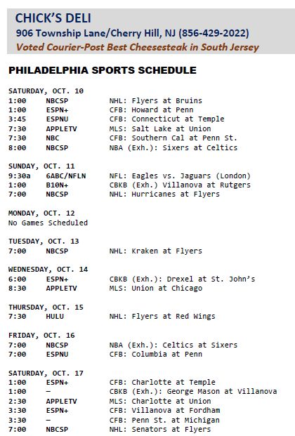 BoopStats's tweet photo. #ChicksDeli-Sat
PHILADELPHIA
SPORTS SCHEDULE –
Daily Sports TV Schedules &
Longer Philly Sports Schedules
At https://t.co/LNeXAK9gwT
#BoopStatsPhillySked https://t.co/56xjtDeXLO