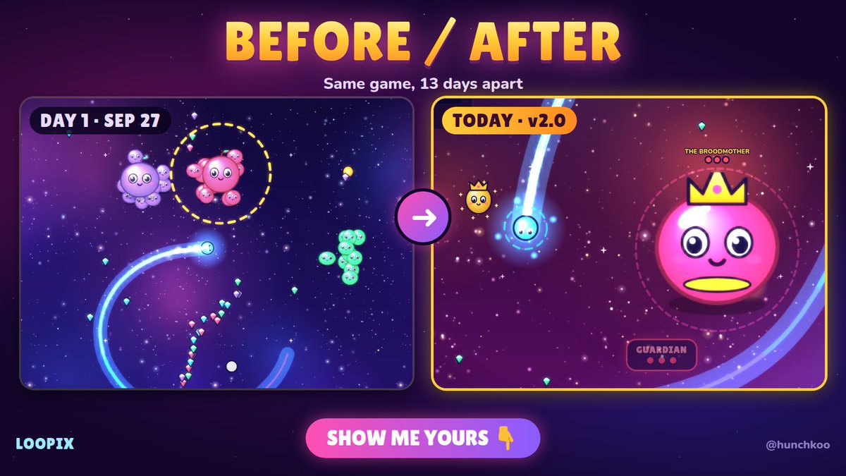 hunchkoo's tweet photo. #ScreenshotSaturday before / after 📸

Day 1 vs today: same game, 13 days apart. Now v2.0 with an online arena.

Show me your first screenshot vs today 👇
What changed the most in yours?

❤️ Like the glow-ups you love
🔁 Repost so more devs join in

#indiedev #gamedev https://t.co/JepxXgDflt