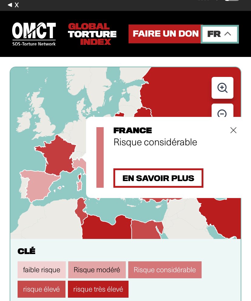 BMoon_bee's tweet photo. 🚨‼️Sans précédent !!! La France est bel et bien intégrée pour la première fois dans l'édition 2026 du Global TORTURE Index de l'OMCT qui compte maintenant 39 pays, avec la mention « risque considérable » en raison notamment des violences policières ! https://t.co/AhBjWWrl32