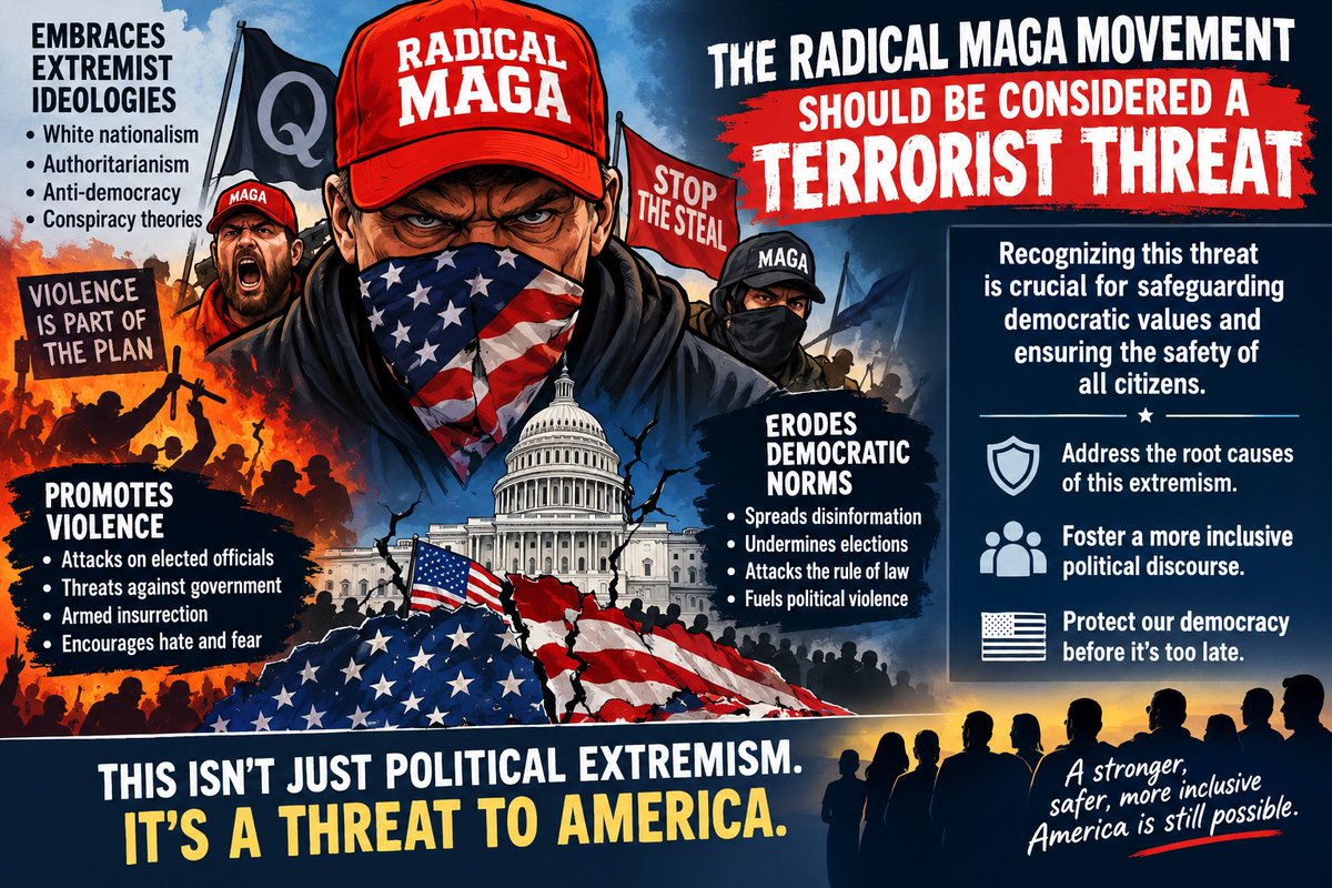 StevenB42437498's tweet photo. The radical MAGA movement should be considered a terrorist threat due to its embrace of extremist ideologies, promotion of violence, and erosion of democratic norms. Recognizing this threat is crucial for safeguarding democratic values and ensuring the safety of all citizens. Addressing the root causes of this extremism and fostering a more inclusive political discourse is essential for the future of American democracy.