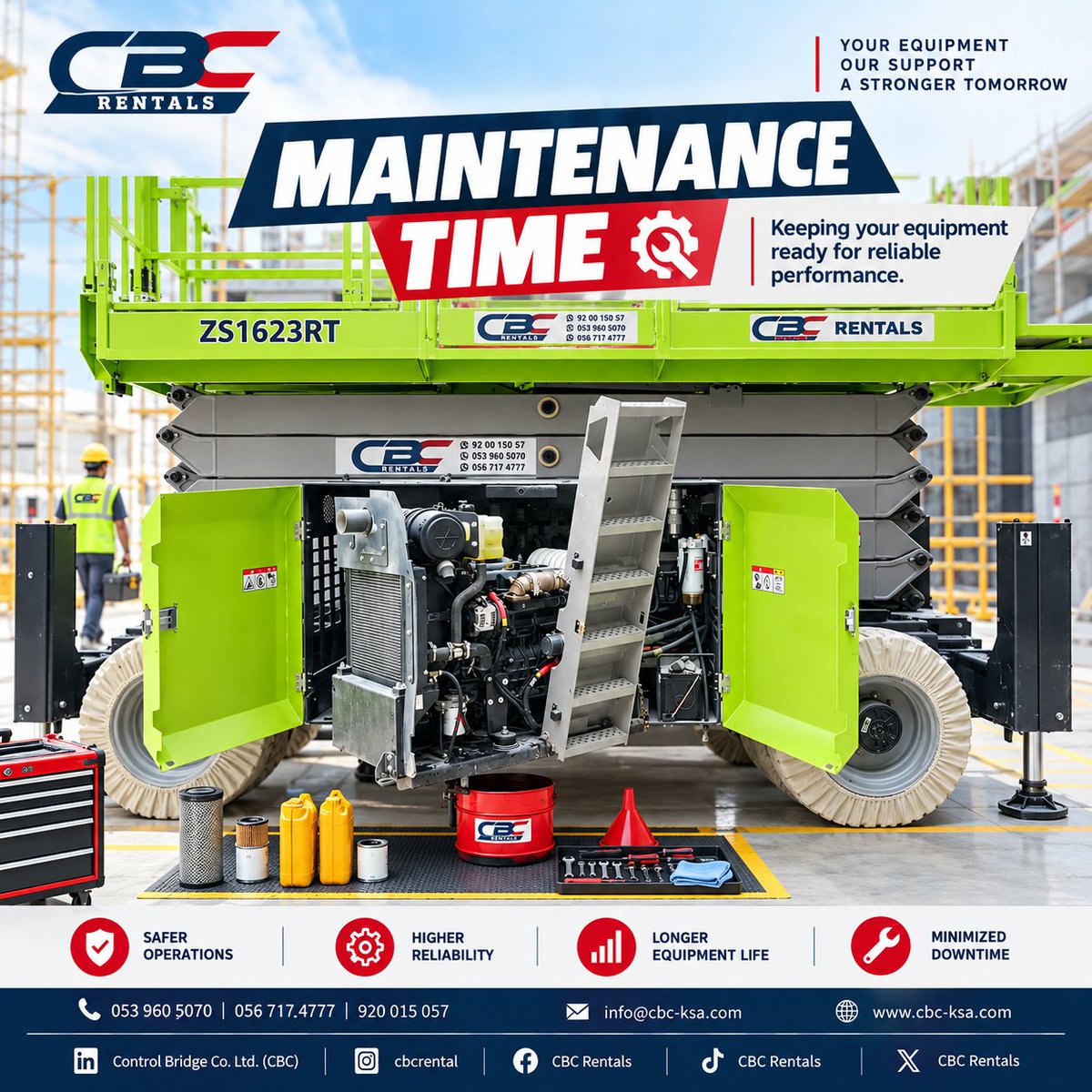 cbcrentals1's tweet photo. Maintenance time means uptime, safety, and reliability. 🔧✅

At CBC Rentals, we keep our equipment in top condition to ensure better performance and minimum downtime for your projects.

📞 053 960 5070 | 056 717 4777
📧 info@cbc-ksa.com
🌐 https://t.co/6Z5riDrg2R https://t.co/bf4Fn8JSHH