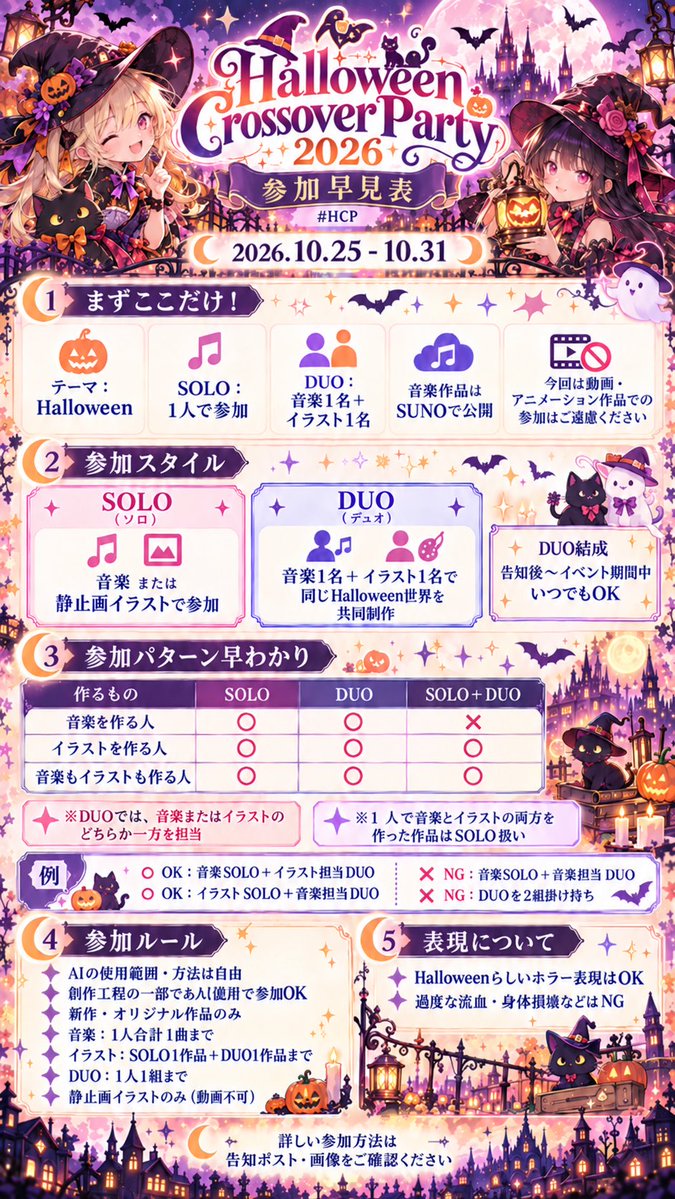 lune_255's tweet photo. 【📢ハロウィンイベント開催予告❣️】

⚠️必ず！最後までご一読下さい！！⚠️

🎃【Halloween Crossover Party】2026 開催！

そろそろ垣根、壊しちゃわない？

AIで音楽を作る人。
AIでイラストを作る人。

同じAIを使って創作しているのに、普段はなかなか交わらない二つの世界。
今年のHalloweenは、その境界を越えてみませんか？

𓂃 𓈒𓏸𓂃 𓈒𓏸𓂃 𓈒𓏸𓂃 𓈒𓏸𓂃 𓈒𓏸𓂃 𓈒𓏸
音楽 🎧× イラスト 🖌

一人で自分のHalloweenを表現する SOLO。

音楽1名＋イラスト1名で、一つの世界を作る DUO。

SOLOもDUOも、どちらも正式な参加スタイルです。
DUOでは「曲に絵を付ける」「絵に曲を付けるだけではなく、
二人で一つのHalloween世界を作ることを楽しんでもらえたら嬉しいです。
𓂃 𓈒𓏸𓂃 𓈒𓏸𓂃 𓈒𓏸𓂃 𓈒𓏸𓂃 𓈒𓏸𓂃 𓈒𓏸
📅 開催期間
2026.10.25（日）〜10.31（土）

制作は告知後からスタートOK。
DUOの結成も、告知後〜イベント期間中いつでもOKです。

【主な参加ルール】
・AIの使用範囲／方法は自由。制作工程の一部での使用でもOK
・新作／オリジナル作品のみ
・音楽作品はSUNOで公開
☆音楽は1人合計1曲まで
☆イラストはSOLO 1作品＋DUO 1作品まで
☆DUOは1人1組まで
・参加作品は音楽または静止画イラスト。動画／アニメーション作品は対象外

𓂃 𓈒𓏸𓂃 𓈒𓏸𓂃 𓈒𓏸𓂃 𓈒𓏸𓂃 𓈒𓏸𓂃 𓈒𓏸

DUOに興味がある方のための交流ポストも後ほど用意します。
普段の自分らしい作品を見せ合いながら、気になるクリエイターと自由に交流してください。

☆こちらのポストのリプライ欄は、
質問などをする為にお使い下さい。
些細なことでもお気軽にお尋ね下さい✨️

⚠️マッチング成立後、誰と組んだかは明言しないで下さい❣️
既に相手がいて新たなお誘いを断る場合も、
名前は出さないようにご協力ください🙏

コンテストではありません。
賞も順位も審査もなし。

誰かの音楽を聴く。
誰かのイラストを見る。
そこから今まで知らなかった創作世界に出会えたら、それだけでも立派なHCPです。

詳しい参加方法・注意事項は画像をご確認ください。

音楽からでも。イラストからでも。
一人でも、二人でも。

今年のHalloween、一緒に遊びましょう🎃
𓂃 𓈒𓏸𓂃 𓈒𓏸𓂃 𓈒𓏸𓂃 𓈒𓏸𓂃 𓈒𓏸𓂃 𓈒𓏸
当イベントの共通ハッシュタグは
#HCP です！
作品にはこちらのハッシュタグを！ 

今回は2つの世界を跨ぐ為、
・統括→lune.

・SUNO側運営→HiRaku 
https://t.co/tqAqo9lWCw

・イラスト側運営→えりしえら・さくら
https://t.co/81zjOtAW3S

以上3名体制にて運営させて頂きます！
𓂃 𓈒𓏸𓂃 𓈒𓏸𓂃 𓈒𓏸𓂃 𓈒𓏸𓂃 𓈒𓏸𓂃 𓈒𓏸

［その他、お願い］
当イベントのDUOでのマッチングの補助や紹介などに
運営は一切関わらない事をご了承下さい。
(公平性を欠いてしまう為)
ご自身で気になる相手をお探し下さいますようお願い申し上げます。

また、お声掛けする際にも相手様に対して配慮したご交流をお願い致します🙏
(返事の催促や無理やり参加させる等の行為は御遠慮ください)
𓂃 𓈒𓏸𓂃 𓈒𓏸𓂃 𓈒𓏸𓂃 𓈒𓏸𓂃 𓈒𓏸𓂃 𓈒𓏸

［最後に］
色々書きましたがみんなで楽しくやりましょう！
我々も、うるさい事や難しい事は言いたくありません！

なお初めてこのような形式でやらせて頂きます故、
手探りの状態で進行させていただきます。
至らぬ点が多々あるかとは思いますが、
何卒、よろしくお願いします🙇‍♀️
 
lune.
HiRaku
えりしえら・さくら

#HCP