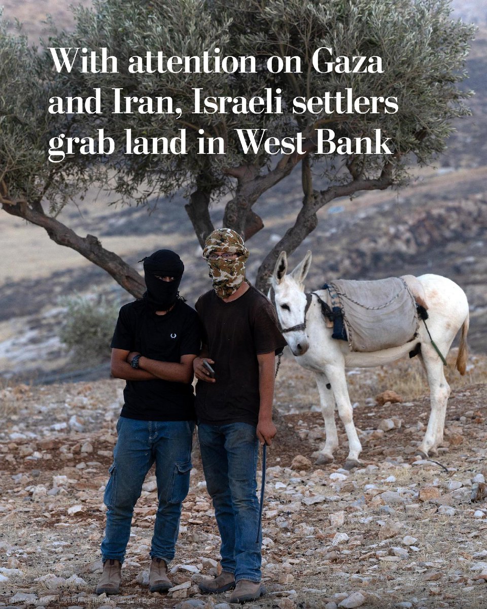 washingtonpost's tweet photo. Israeli settlers in the occupied West Bank have been carrying out a campaign of violence and intimidation unmatched in recent memory, attacking and displacing Palestinians and establishing scores of government-backed settlements and illegal outposts. https://t.co/NIs0flJljZ https://t.co/FpzX4eWFur