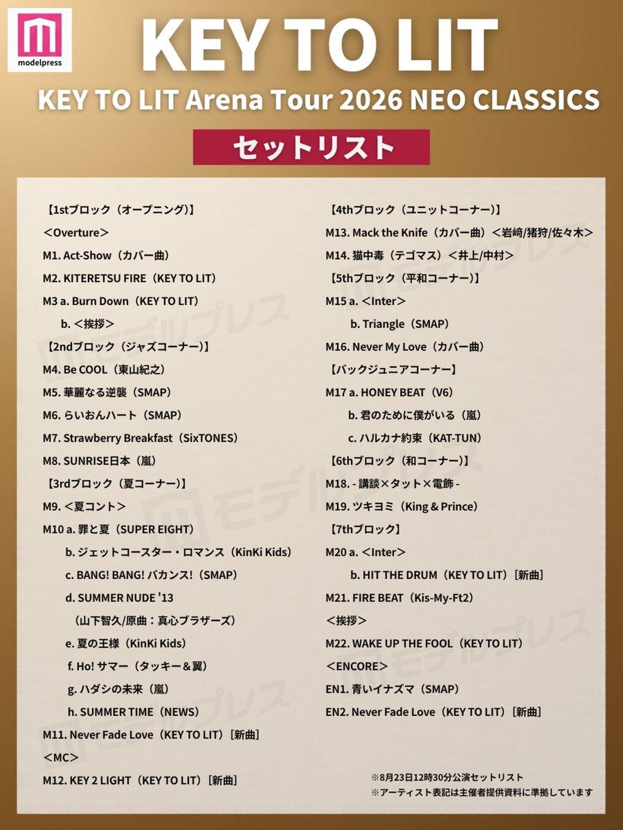 modelpress's tweet photo. KEY TO LIT Arena Tour 2026
NEO CLASSICSセットリスト公開🎧🎶

ジュニアとして最後のツアー
5都市21公演、約23万8000人を動員🎪

「KITERETSU FIRE」や新曲の披露も🪭

画像でキテレツのセトリをチェック✅ https://t.co/0KfXiTlfFV
