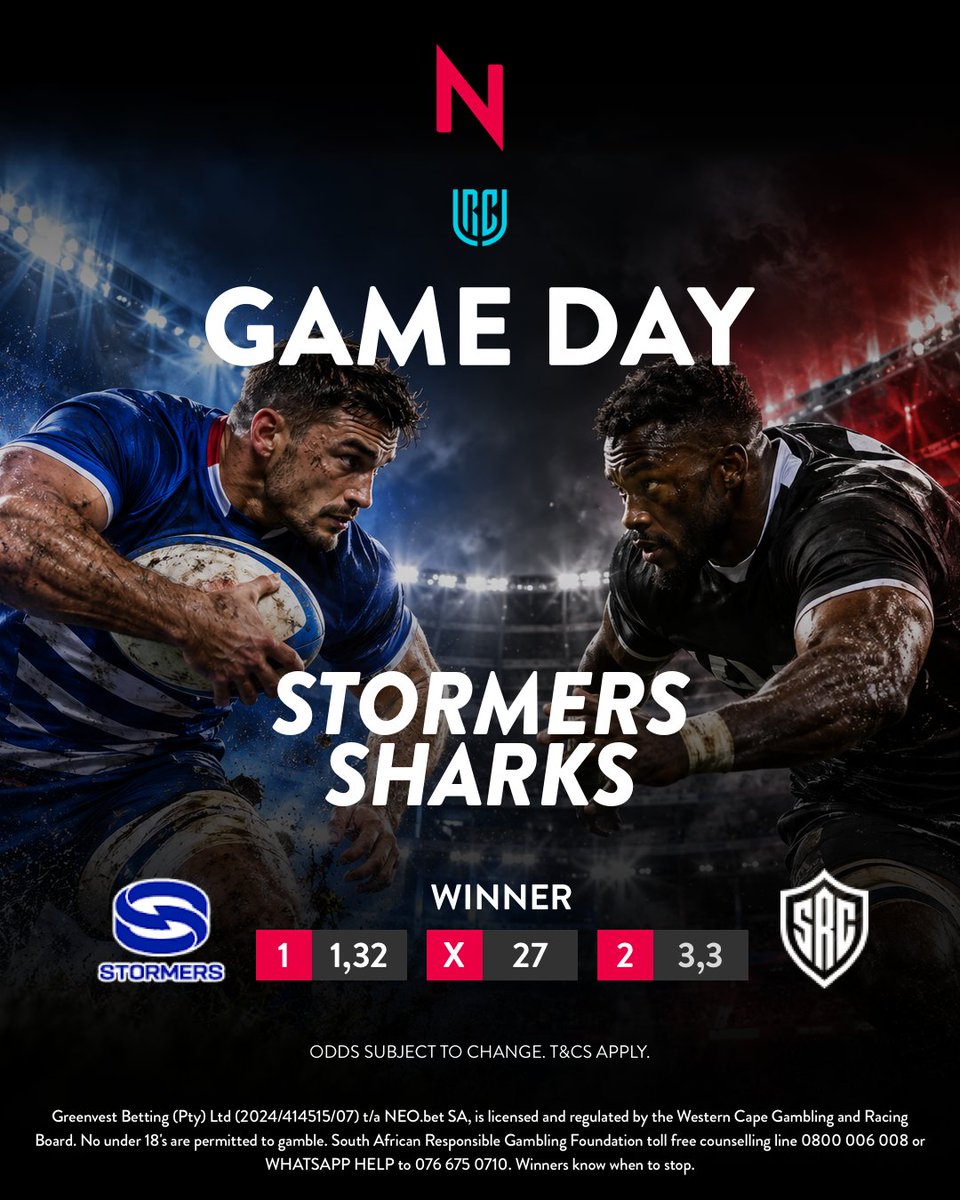neobet_za's tweet photo. COASTAL DERBY GAME DAY: STORMERS VS SHARKS! ⛈️🦈💥 

Who will win? 🎟️⚡️ 

Lock in your URC derby picks at https://t.co/7TvDXwAJW8! 

#NEObetSA #URC #Stormers #Sharks #CoastalDerby #BetSmart #Rugby https://t.co/l4fGFSqN9P