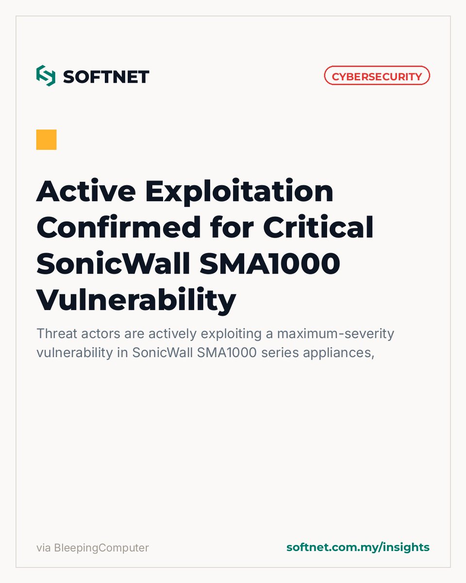 softnet's tweet photo. 🚨 CYBER: Active Exploitation Confirmed for Critical SonicWall SMA1000 Vulnerability

https://t.co/AgOJzKmGWr
#Cybersecurity #InfoSec #SOFTNET https://t.co/lI2ZXyChJE