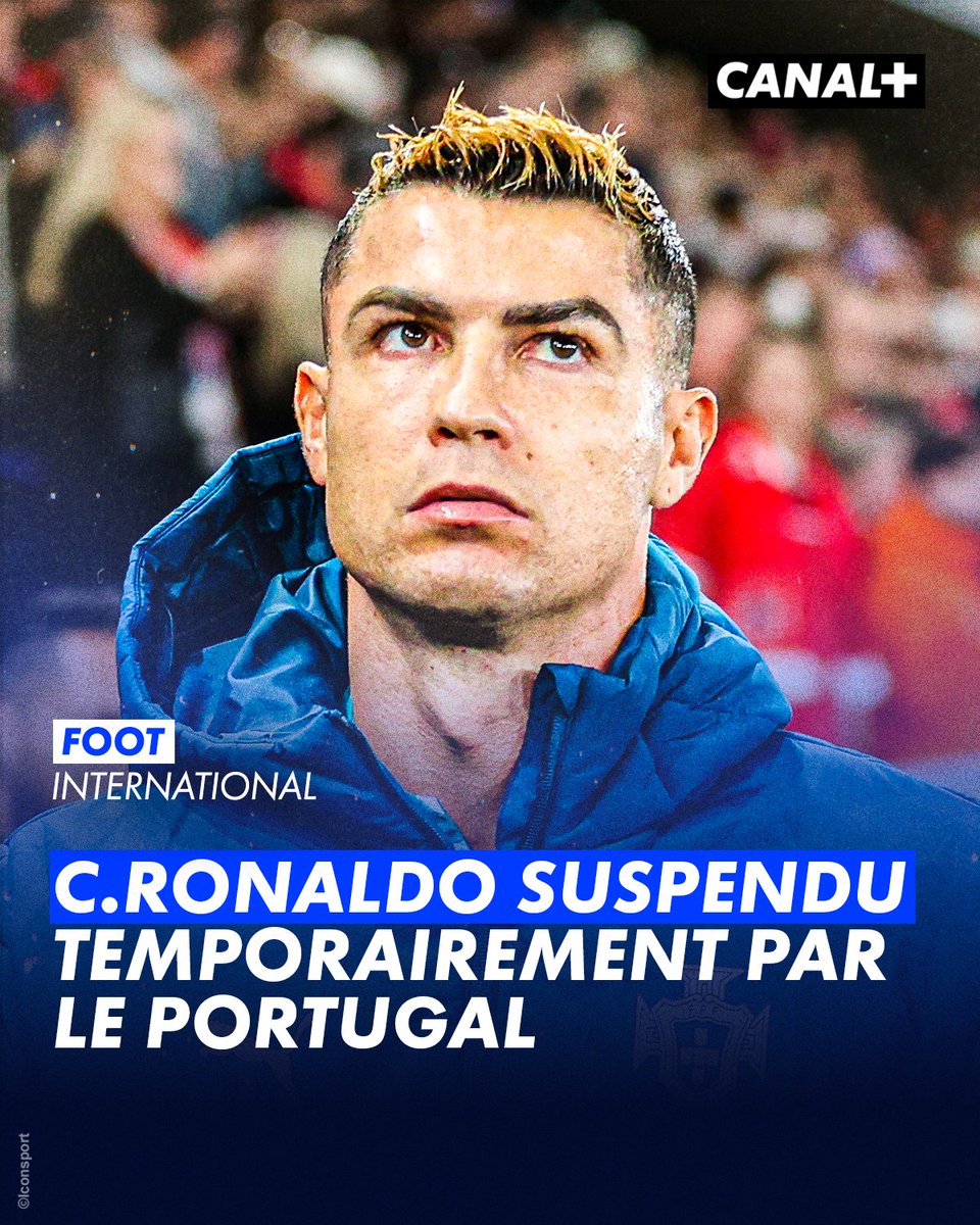 CanalplusFoot's tweet photo. 🚨 CRISTIANO RONALDO SUSPENDU TEMPORAIREMENT PAR LA FÉDÉRATION PORTUGAISE !

La FPF a ouvert une procédure disciplinaire "en urgence" à l'encontre de CR7 à la suite de son départ lors du dernier rassemblement 😬

Le capitaine de la sélection est suspendu à titre préventif avant la décision finale ❌