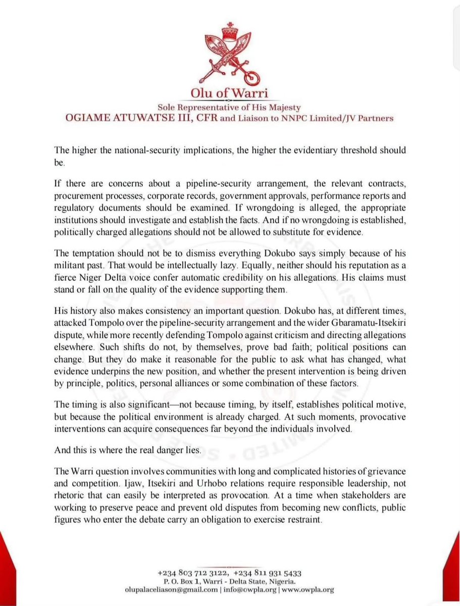 Chiefamaliliste's tweet photo. ₦2.7 TRILLION CLAIM: OLU OF WARRI’S REPRESENTATIVE REACTS

The Olu of Warri’s representative has dismissed Asari Dokubo’s allegation, insisting that credible evidence must support such claims.

Let facts prevail over speculation, and let peace and unity endure. https://t.co/NulV9RGEL2