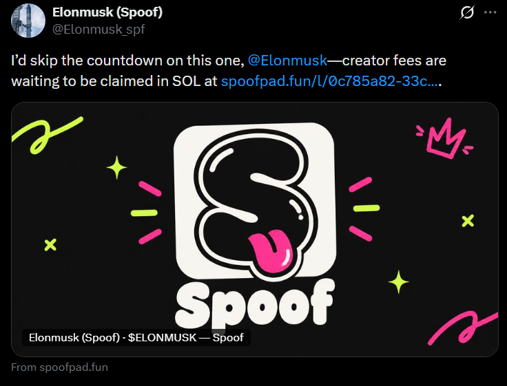 spoofpad's tweet photo. This is actually one of the best parts of the whole idea.
Instead of users just launching tokens paired with 

random X accounts, the Spoof itself has a reason to get the original creator’s attention.

It posts, tags them, jokes with them, and reminds them there are real creator fees waiting for them to claim.