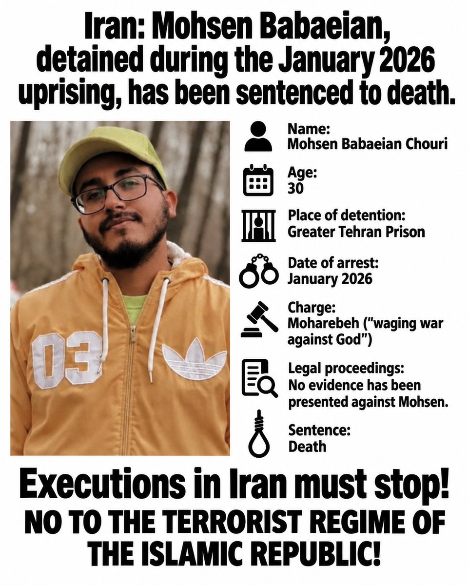 SabzeZomorodi's tweet photo. Iran: #MohsenBabaeian, a 30-year-old man from Tehran, was arrested during the January 2026 uprising. He is the only son in his family and is now at risk of execution on the baseless charge of “moharebeh” (enmity against God), without a fair trial.
#LastBreath
@DailyMail @hrw https://t.co/nI1yqhnywi