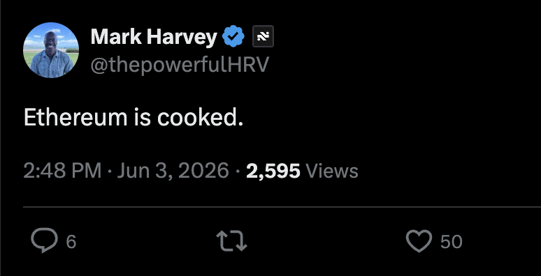 Jrag0x's tweet photo. 🪦ETH OBITUARY #189🪦

🗣️"Ethereum is cooked."

Mark Harvey, 2026-06-03 (X) | ETH Price: $1857.99 https://t.co/y2PYu8yv5a