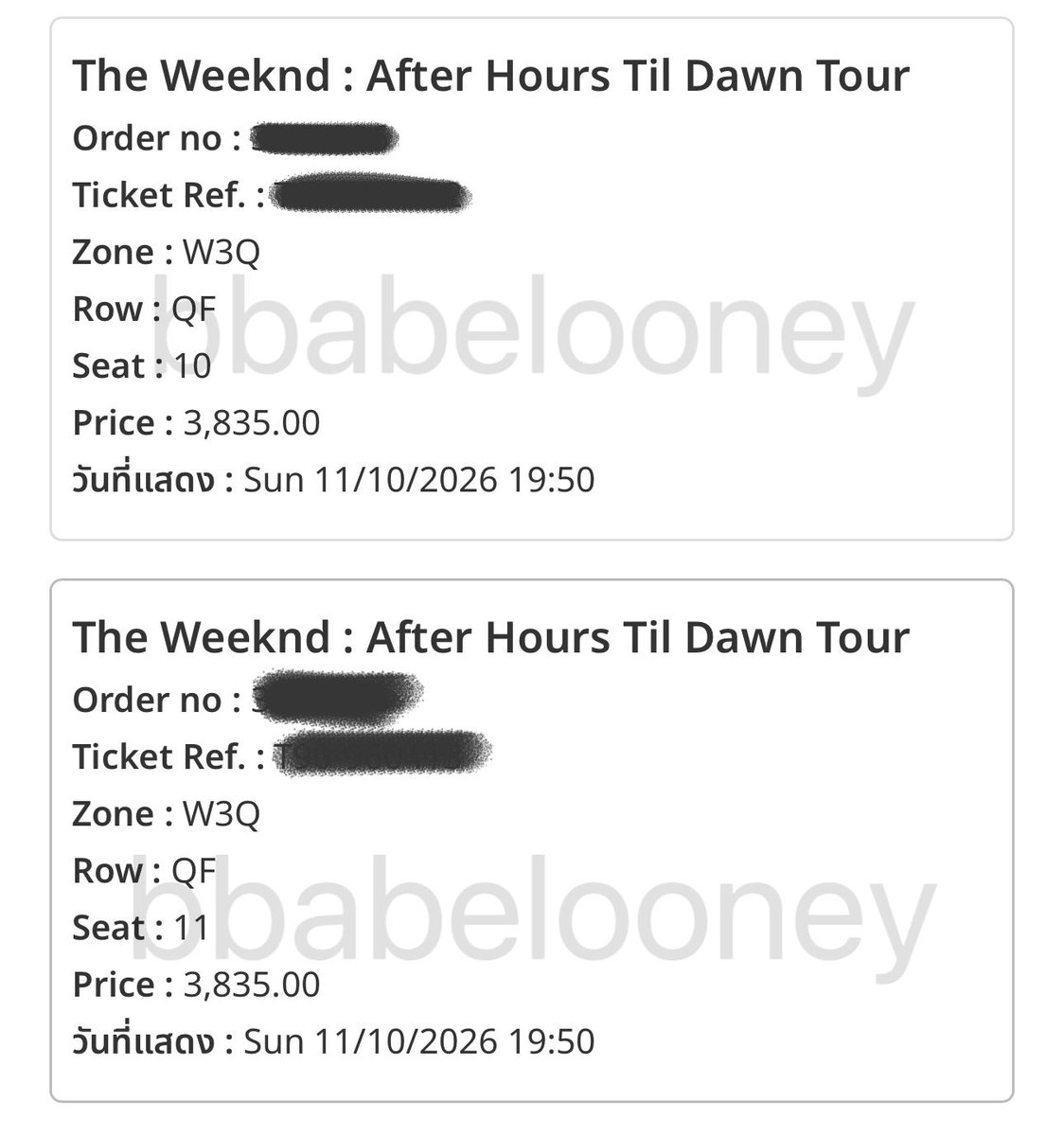bbabelooney's tweet photo. ปล่อย2ใบติด วันที่11 ใบละ 3,000 นัดรับวันนี้ได้เลย ระแวกพระราม5 #AfterHoursTilDawnTourBKK https://t.co/IIFwlwdV89