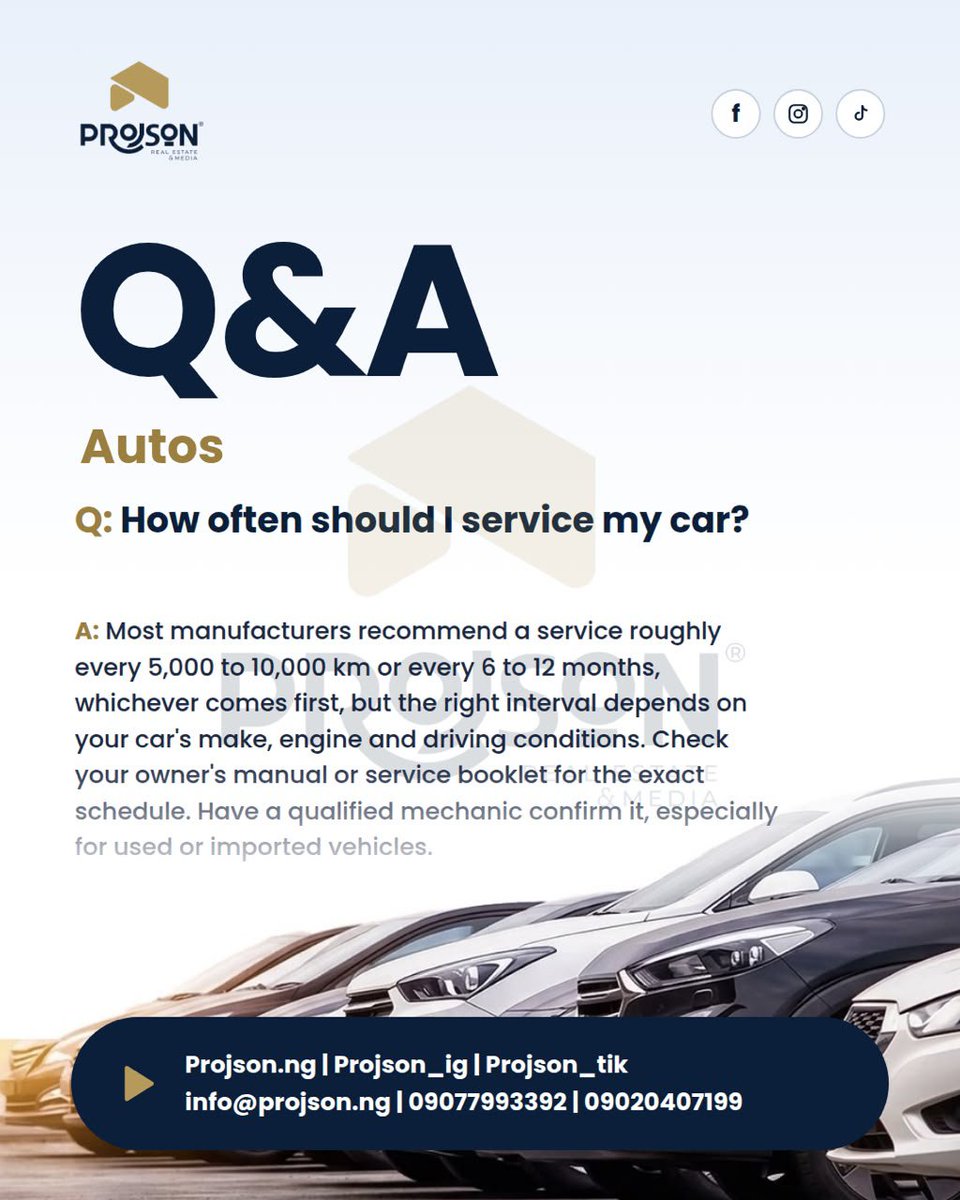 projson_tw's tweet photo. How often should you service your car?
๐ Roughly every 5,000 to 10,000 km or 6 to 12 months, whichever comes first.
Check your manual and have a mechanic confirm, especially for used cars.
#Projson #ProjsonAutos #QandA #CarMaintenance #CarServicing #AskProjson https://t.co/cAks2zVezW