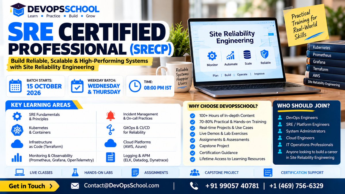 DevOpsSchools's tweet photo. 🚀 Master Site Reliability Engineering with DevOpsSchool!

🎓 SRE Certified Professional (SRECP)
📅 Starts 15 October 2026
📆 Wednesday &amp; Thursday | 🕗 08:00 PM IST
https://t.co/E43nwpi9Uy

📩 Contact@DevOpsSchool.com
📞 +91 99057 40781

#SRE #DevOps #DevOpsSchool https://t.co/lZHbB1CVwF