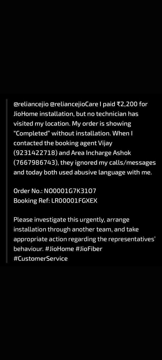 DILIPSAW01's tweet photo. @reliancejio @jio_fiber

Please call me back Installation not complete https://t.co/HHNYAXRBXb