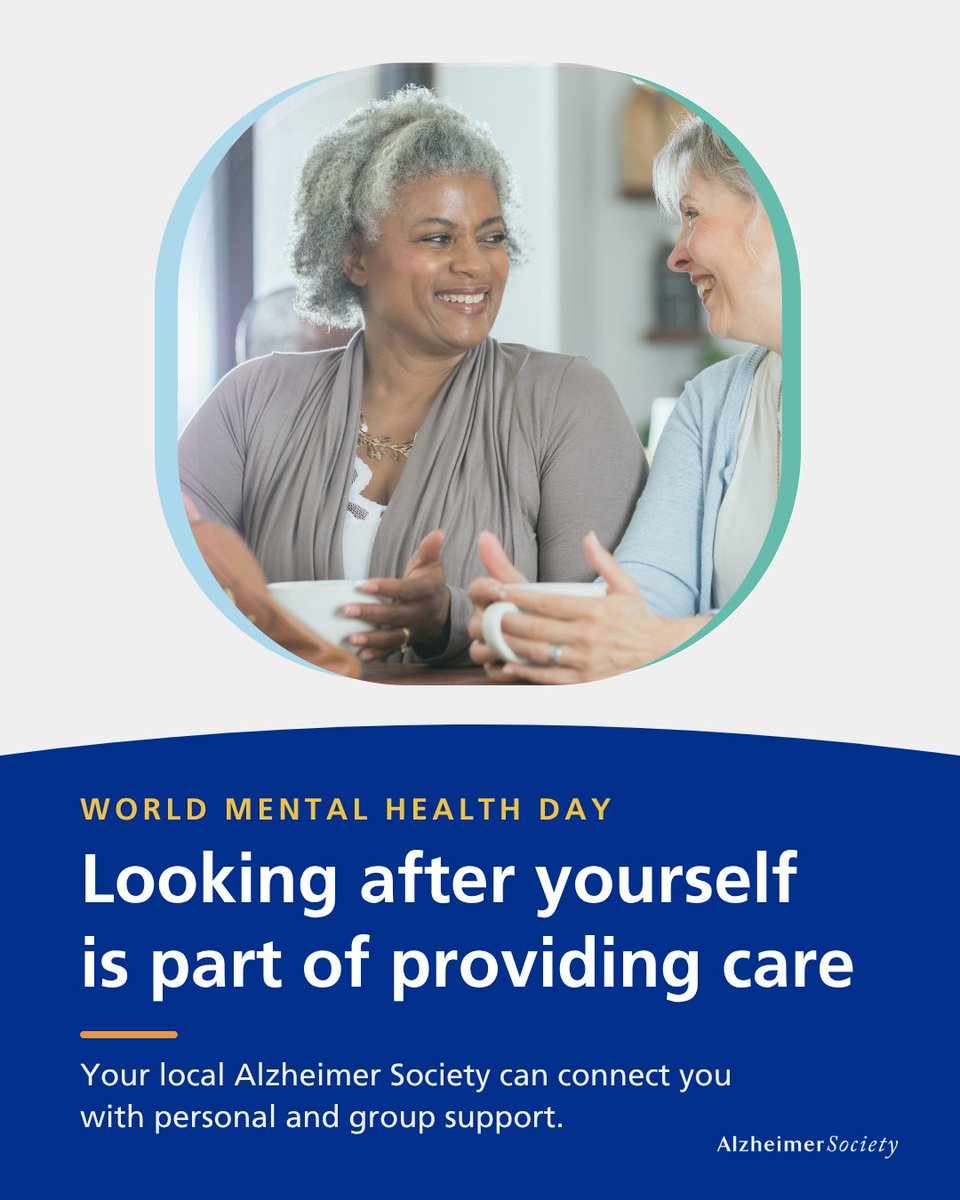 AlzCanada's tweet photo. Today is World Mental Health Day. 

Caring for someone living with dementia is incredibly meaningful, but it can take a toll on your own health and wellbeing. Feeling worn down or isolated is common.

Looking after yourself is part of providing care. Your local Alzheimer Society can connect you with personal and group support. 

Find yours at https://t.co/LkPMKecvhW

#WorldMentalHealthDay