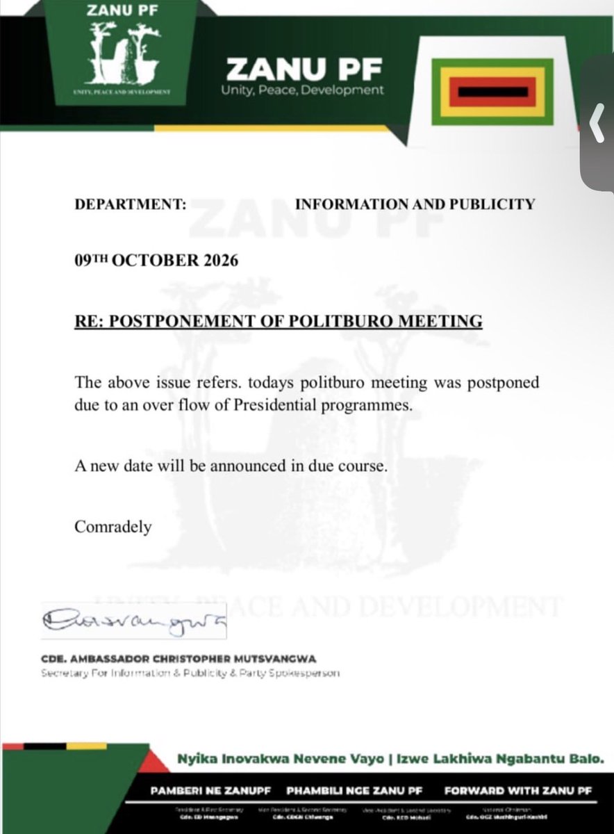 TinasheeC10's tweet photo. 📌 POLITBURO UPDATE
The Politburo meeting scheduled for today has been deferred due to a busy programme of Presidential engagements. Details regarding the new meeting date will be communicated accordingly. 🇿🇼 #Zimbabwe #Politburo https://t.co/z2JVHCvJXL