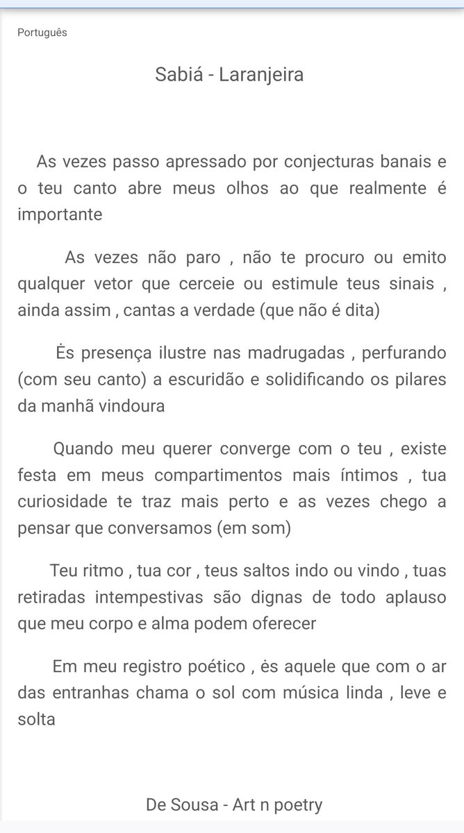 Gustavo100005's tweet photo. Projeto literário:" Vem de dentro" ( From inside project)
"Sabiá - laranjeira"
https://t.co/qgZ7CYPfQ4
de Sousa art & poetry
2026
#poesia #poema #escrever #escrita #leitor #leitura #ler #blog #post
#leia #leitores #escrevendo #escritor #recomendado #leitura #literatura https://t.co/0IdvR8jPGn