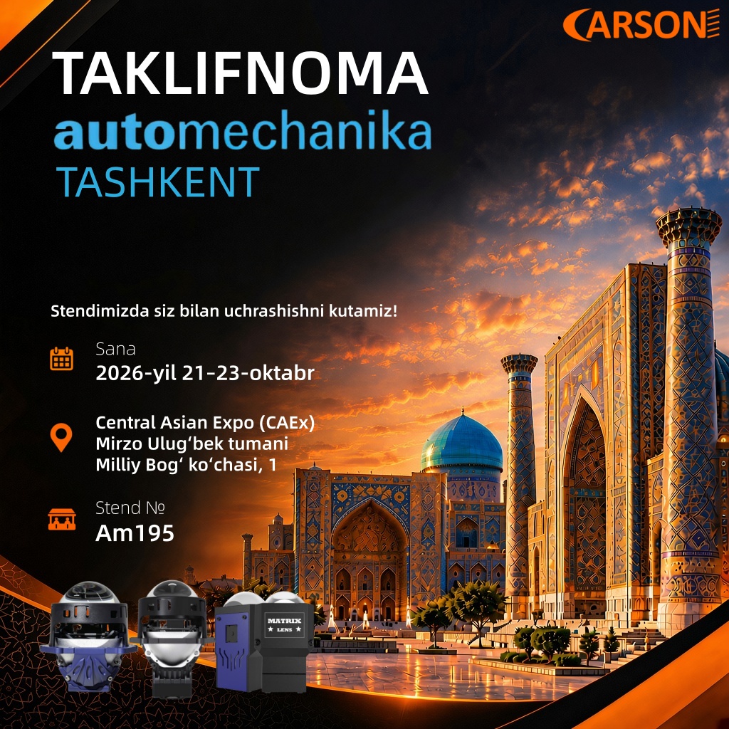 Rocky_CarsonLED's tweet photo. 📢 CARSON at Automechanika Tashkent 2026!

We cordially invite you to visit our booth at Automechanika Tashkent 2026.

📅 Date / Sana: Oct 21-23, 2026
🏢 Venue / Manzil: CAEx, Tashkent
🎪 Booth / Stend: Am195

#Carson #Biledlens #Biledprojector #Carlights #manufacture #Uzbekistan https://t.co/Uax33oBOZZ