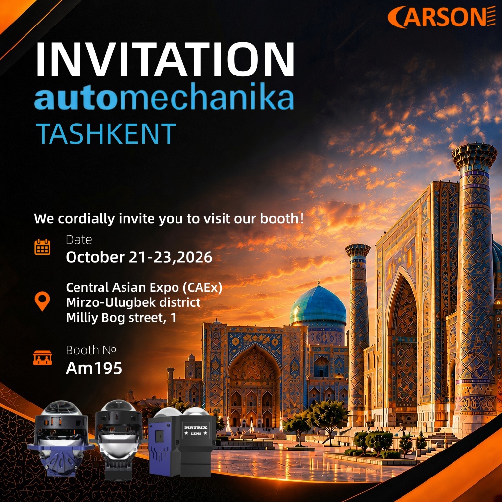 Rocky_CarsonLED's tweet photo. 📢 CARSON at Automechanika Tashkent 2026!

We cordially invite you to visit our booth at Automechanika Tashkent 2026.

📅 Date / Sana: Oct 21-23, 2026
🏢 Venue / Manzil: CAEx, Tashkent
🎪 Booth / Stend: Am195

#Carson #Biledlens #Biledprojector #Carlights #manufacture #Uzbekistan https://t.co/Uax33oBOZZ