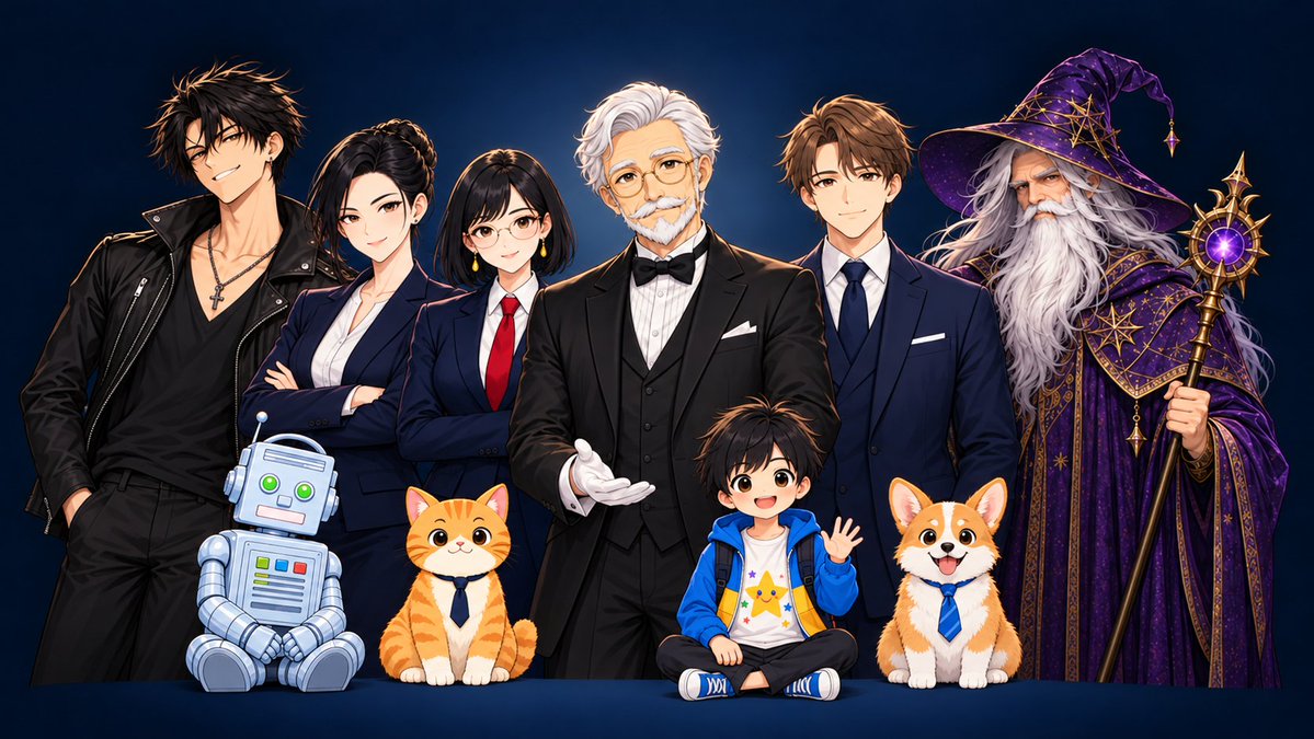 kenkon_works's tweet photo. はじめての集合写真。

執事、秘書、江戸っ子、賢者、ロボット、ネコにコギ。
話し方は違っても、みんなあなたの相棒です。

https://t.co/C41789R6eN

#バディAI  #AIキャラクター https://t.co/JGPjBZqXDs