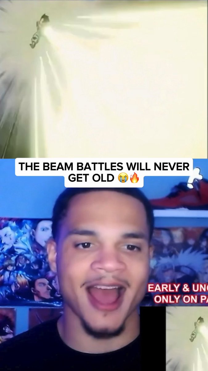 Social media video screenshot showing a young man with an open mouth in reaction to anime battle footage, with text overlay 'THE BEAM BATTLES WILL NEVER GET OLD' and 'EARLY & UNCUT ONLY ON PA'.