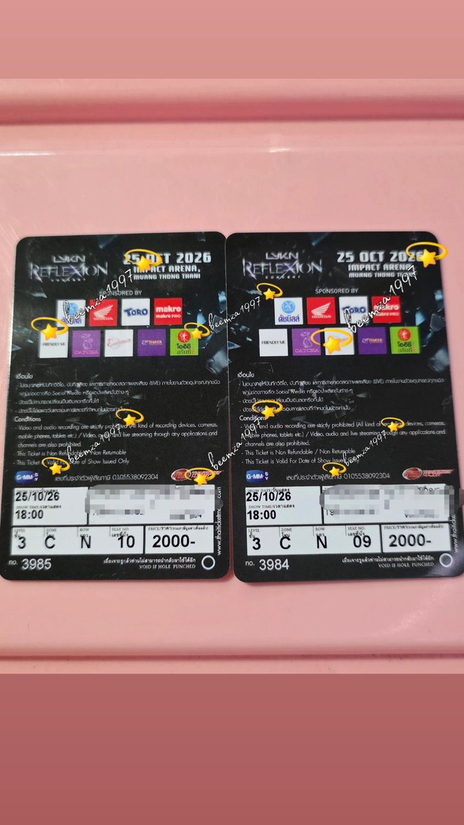 beemza1997's tweet photo. Wts ปล่อยบัตรคอน LYKN
โซน C แถว N09 
โซน  CแถวN10
จำนวน 2ใบ
หน้าบัตร 2000฿
ปล่อย 3200฿ 
มีมัดจำ นัดรับชนมือหน้างาน
#LYKNReflexionConcert
#ตลาดนัดLYKN #ตลาดนัดไลแคน 
#ตลาดนัดgmm https://t.co/0KDwJQhFe2