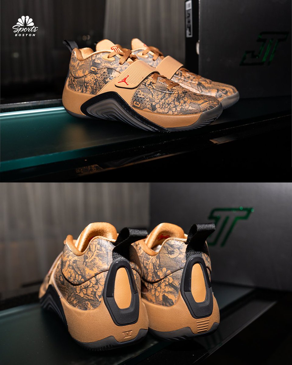 NBCSCeltics's tweet photo. JT and Jordan Brand celebrating the launch of the Jordan Tatum 5 "Laser" in Boston on Friday night 👟 https://t.co/yEUfFdzcm9